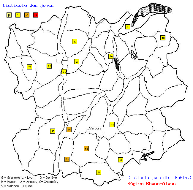 Carte des districts de Rhne-Alpes et rpartition d'une espce d'oiseau: Cisticole des joncs (Cisticola juncidis (Rafin.))