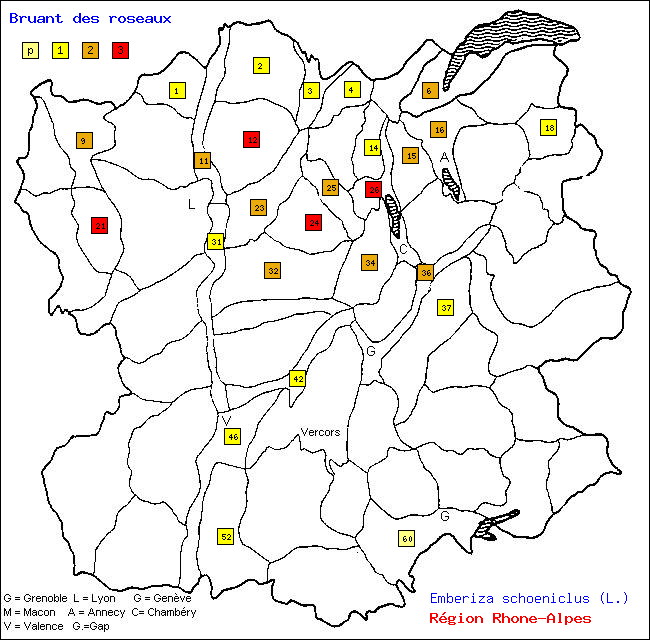 Carte des districts de Rhne-Alpes et rpartition d'une espce d'oiseau: Bruant des roseaux (Emberiza schoeniclus (L.))