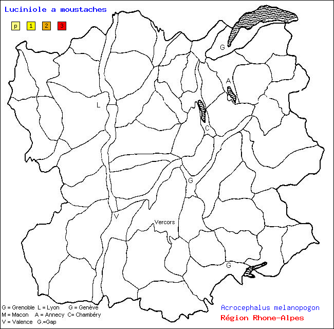 Carte des districts de Rhne-Alpes et rpartition d'une espce d'oiseau: Luciniole  moustaches (Acrocephalus melanopogon)