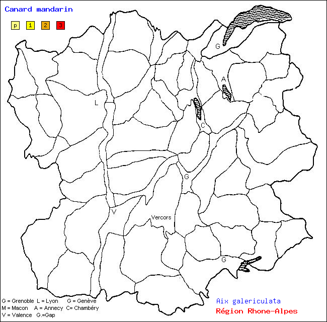 Carte des districts de Rhne-Alpes et rpartition d'une espce d'oiseau: Canard mandarin (Aix galericulata)