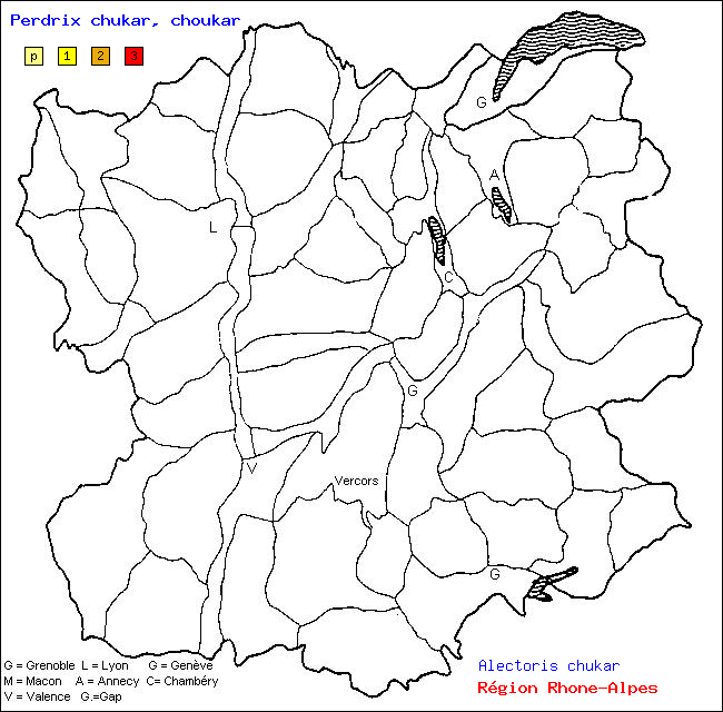 Carte des districts de Rhne-Alpes et rpartition d'une espce d'oiseau: Perdrix chukar, choukar (Alectoris chukar)