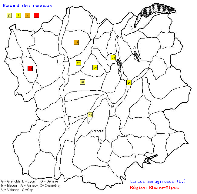 Carte des districts de Rhne-Alpes et rpartition d'une espce d'oiseau: Busard des roseaux (Circus aeruginosus (L.))