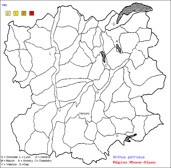 Carte des districts de Rhne-Alpes et rpartition d'une espce d'oiseau: nc (Anthus petrosus)