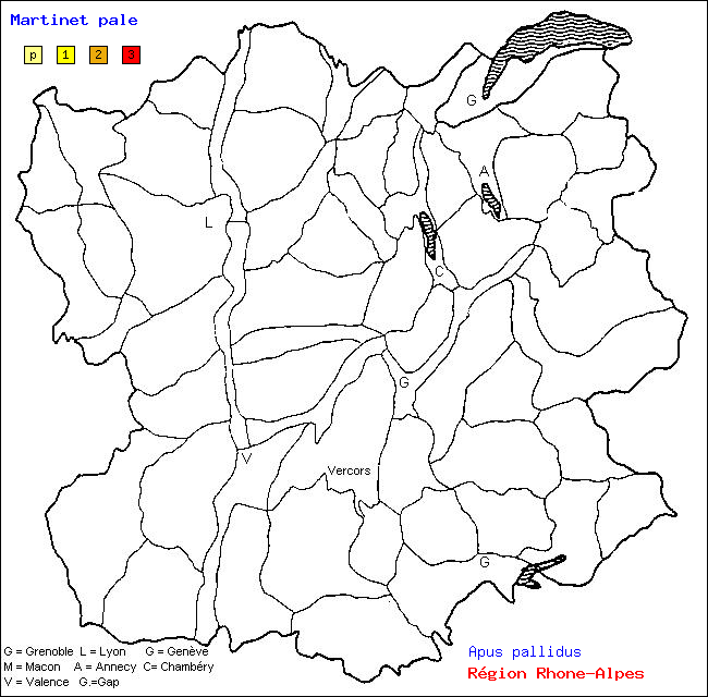 Carte des districts de Rhne-Alpes et rpartition d'une espce d'oiseau: Martinet ple (Apus pallidus)