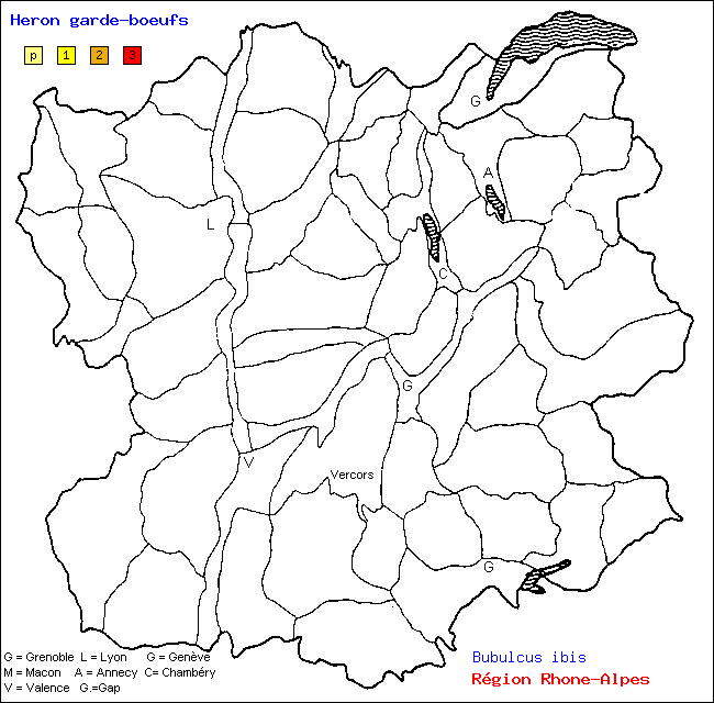 Carte des districts de Rhne-Alpes et rpartition d'une espce d'oiseau: Hron garde-boeufs (Bubulcus ibis)