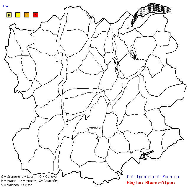 Carte des districts de Rhne-Alpes et rpartition d'une espce d'oiseau: nc (Callipepla californica)