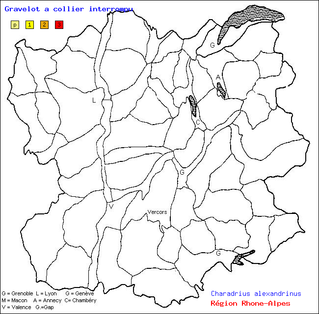 Carte des districts de Rhne-Alpes et rpartition d'une espce d'oiseau: Gravelot  collier interrompu (Charadrius alexandrinus)