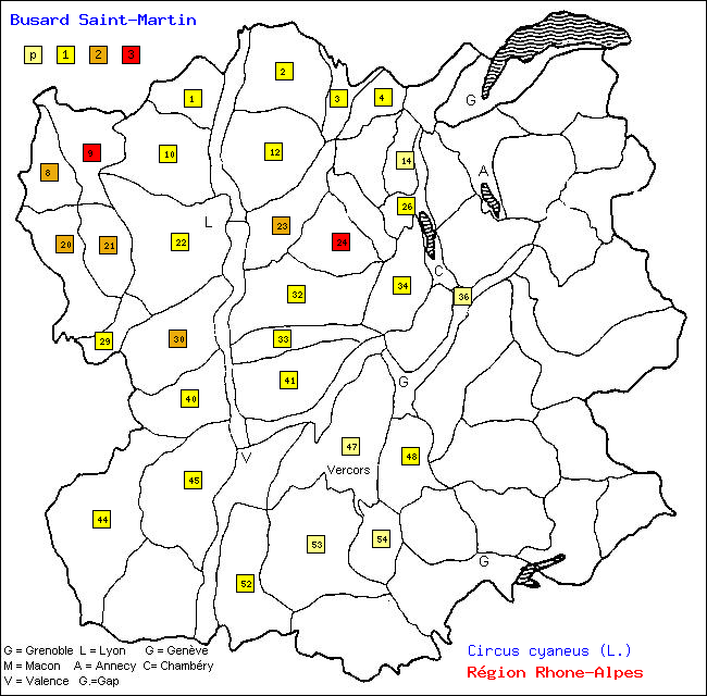 Carte des districts de Rhne-Alpes et rpartition d'une espce d'oiseau: Busard Saint-Martin (Circus cyaneus (L.))