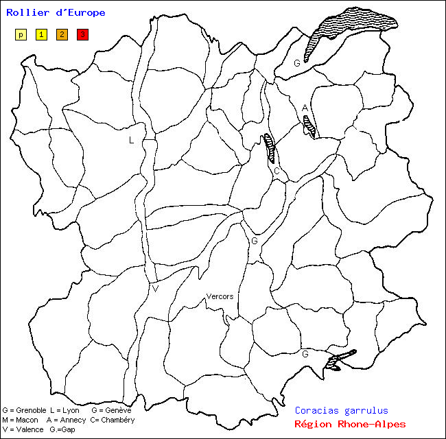 Carte des districts de Rhne-Alpes et rpartition d'une espce d'oiseau: Rollier d