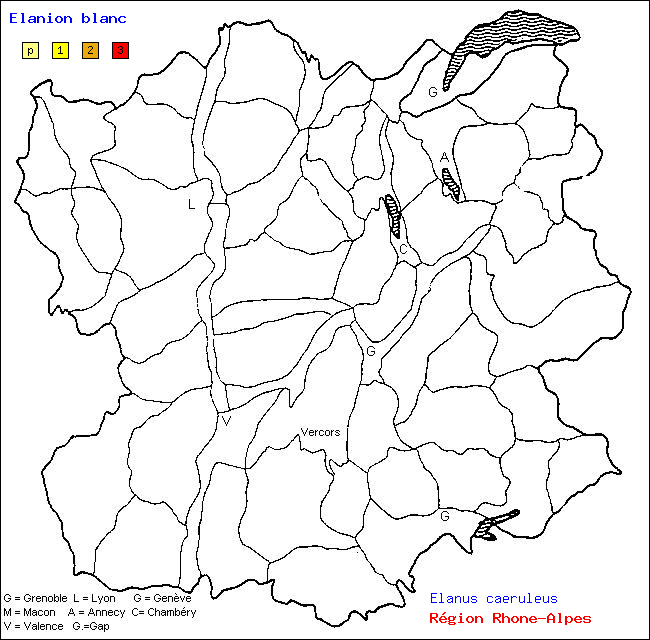 Carte des districts de Rhne-Alpes et rpartition d'une espce d'oiseau: Elanion blanc (Elanus caeruleus)