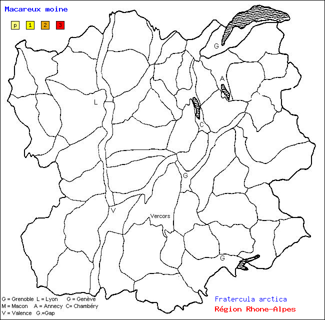 Carte des districts de Rhne-Alpes et rpartition d'une espce d'oiseau: Macareux moine (Fratercula arctica)