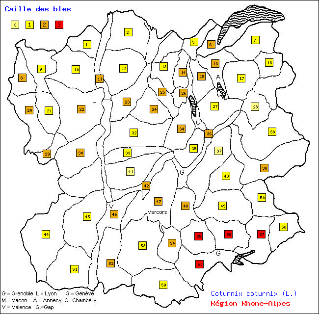 Caille des bls - Coturnix coturnix (L.). Carte de rpartition des oiseaux en rgion Rhne-Alpes