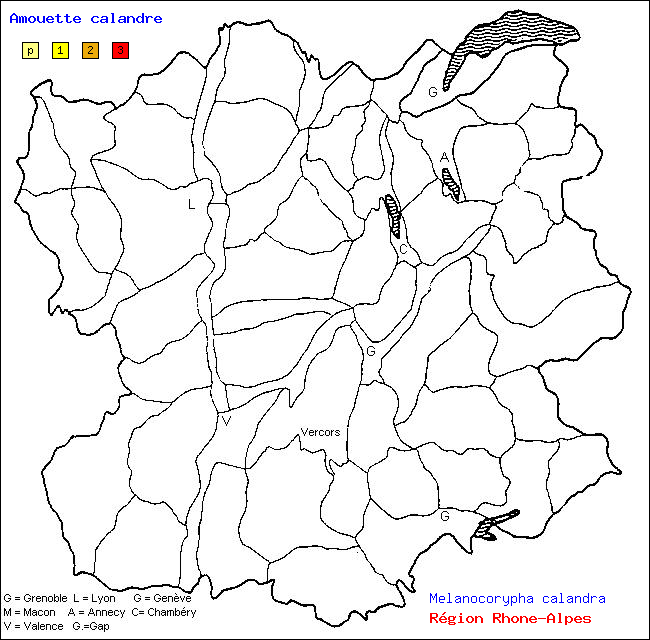 Carte des districts de Rhne-Alpes et rpartition d'une espce d'oiseau: Amouette calandre (Melanocorypha calandra)