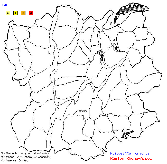 Carte des districts de Rhne-Alpes et rpartition d'une espce d'oiseau: nc (Myiopsitta monachus)