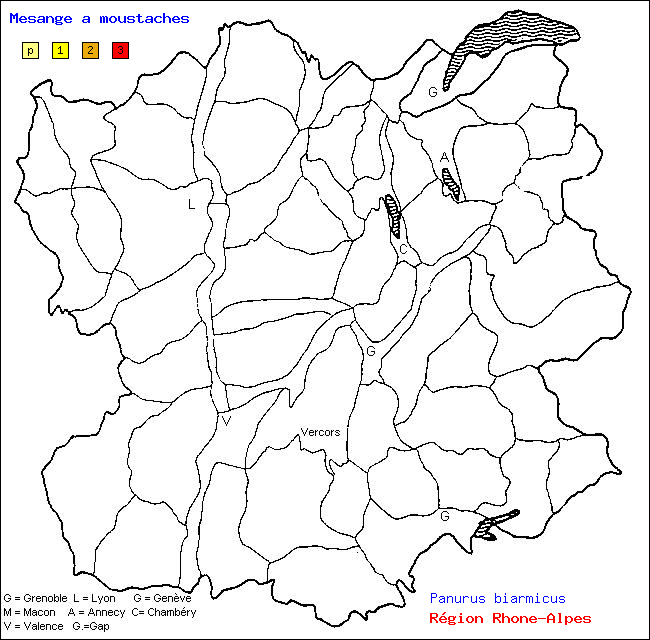 Carte des districts de Rhne-Alpes et rpartition d'une espce d'oiseau: Msange  moustaches (Panurus biarmicus)