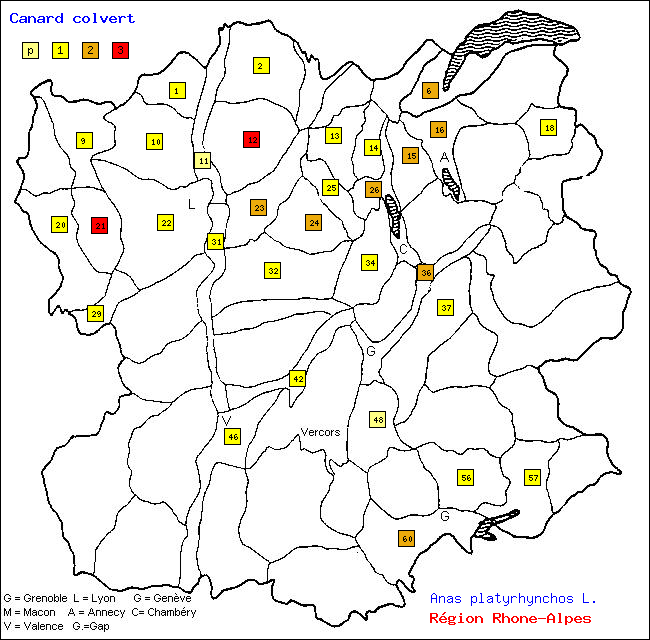 Carte des districts de Rhne-Alpes et rpartition d'une espce d'oiseau: Canard colvert (Anas platyrhynchos L.)