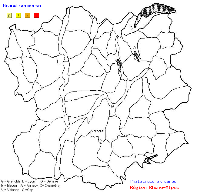 Carte des districts de Rhne-Alpes et rpartition d'une espce d'oiseau: Grand cormoran (Phalacrocorax carbo)