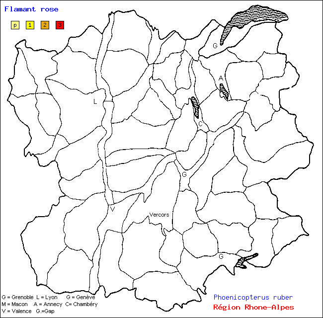 Carte des districts de Rhne-Alpes et rpartition d'une espce d'oiseau: Flamant rose (Phoenicopterus ruber)