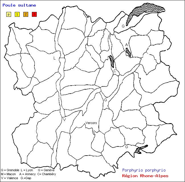 Carte des districts de Rhne-Alpes et rpartition d'une espce d'oiseau: Poule sultane (Porphyrio porphyrio)