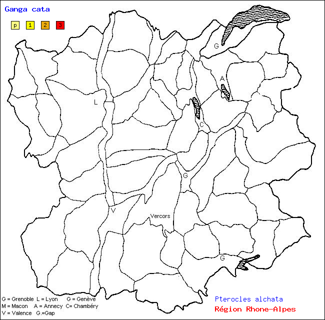 Carte des districts de Rhne-Alpes et rpartition d'une espce d'oiseau: Ganga cata (Pterocles alchata)