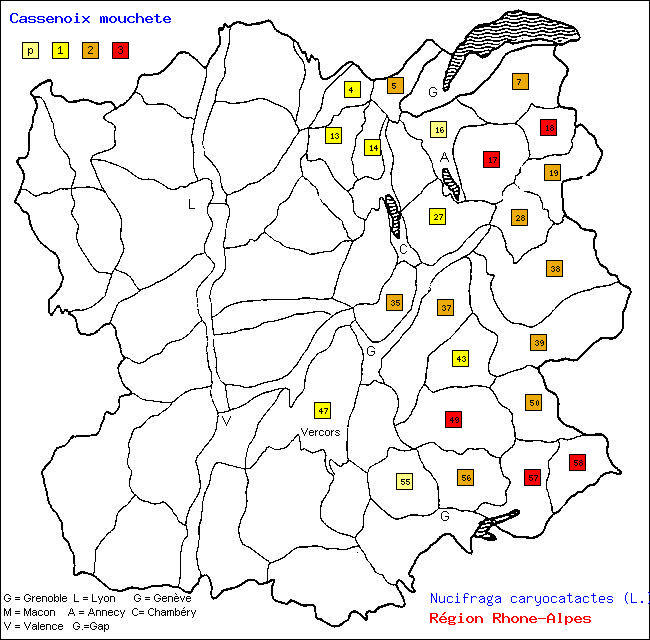 Cassenoix mouchet - Nucifraga caryocatactes (L.). Carte de rpartition des oiseaux en rgion Rhne-Alpes