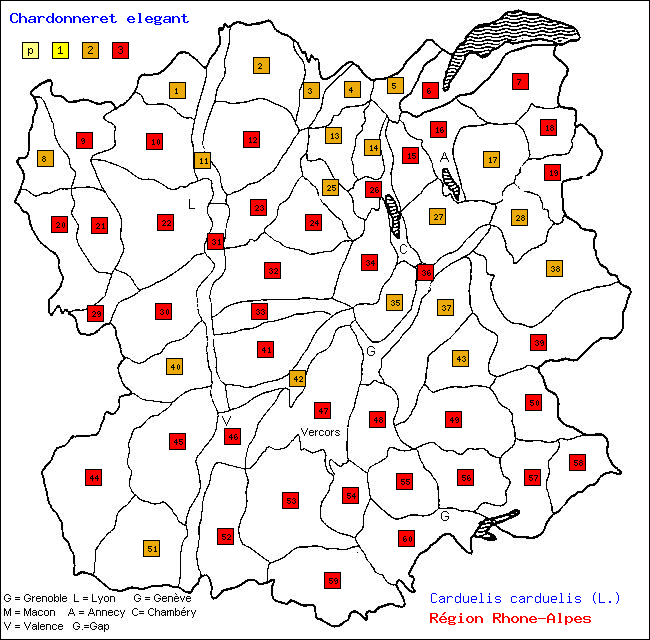 Chardonneret lgant - Carduelis carduelis (L.). Carte de rpartition des oiseaux en rgion Rhne-Alpes