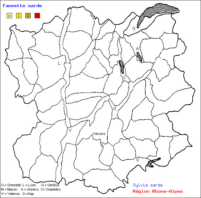 Carte des districts de Rhne-Alpes et rpartition d'une espce d'oiseau: Fauvette sarde (Sylvia sarda)