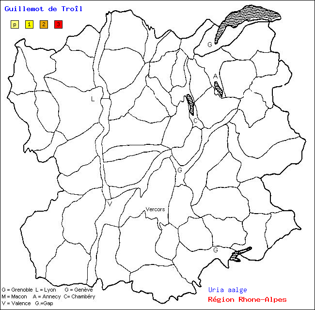 Carte des districts de Rhne-Alpes et rpartition d'une espce d'oiseau: Guillemot de Trol (Uria aalge)