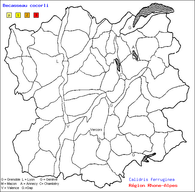 Carte des districts de Rhne-Alpes et rpartition d'une espce d'oiseau: Bcasseau cocorli (Calidris ferruginea)