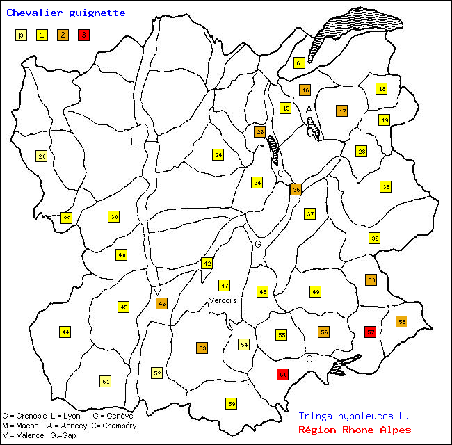 Carte des districts de Rhne-Alpes et rpartition d'une espce d'oiseau: Chevalier guignette (Tringa hypoleucos L.)