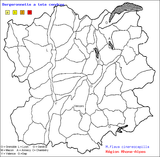 Carte des districts de Rhne-Alpes et rpartition d'une espce d'oiseau: Bergeronnette  tte cendre (M.flava cinereocapilla)