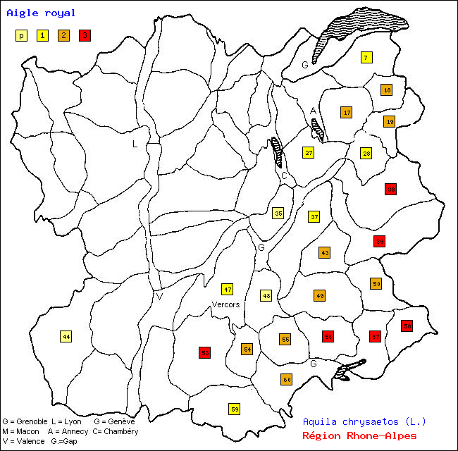 Aigle royal - Aquila chrysaetos (L.). Carte de rpartition des oiseaux en rgion Rhne-Alpes