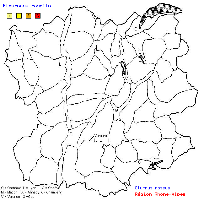 Carte des districts de Rhne-Alpes et rpartition d'une espce d'oiseau: Etourneau roselin (Sturnus roseus)