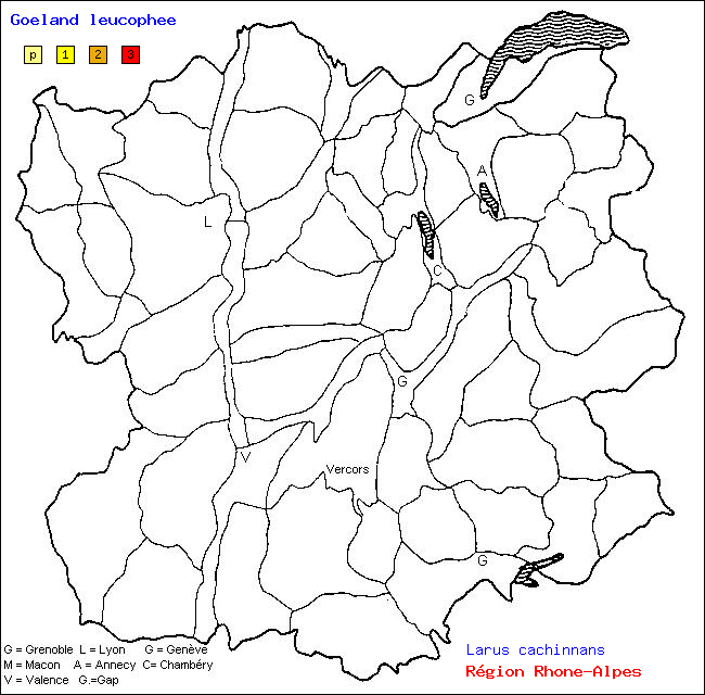 Carte des districts de Rhne-Alpes et rpartition d'une espce d'oiseau: Goland leucophe (Larus cachinnans)