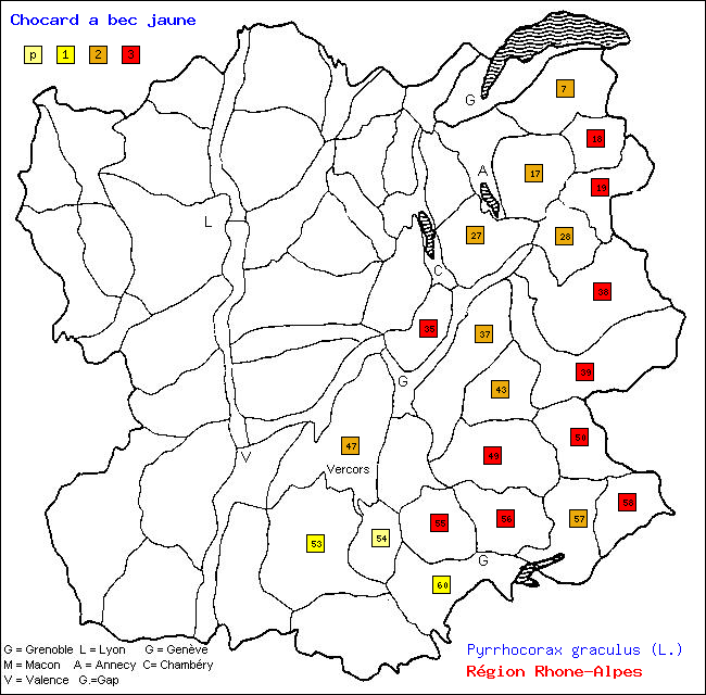 Chocard  bec jaune - Pyrrhocorax graculus (L.). Carte de rpartition des oiseaux en rgion Rhne-Alpes