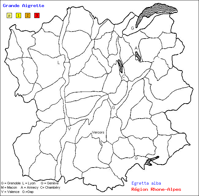 Carte des districts de Rhne-Alpes et rpartition d'une espce d'oiseau: Grande Aigrette (Egretta alba)