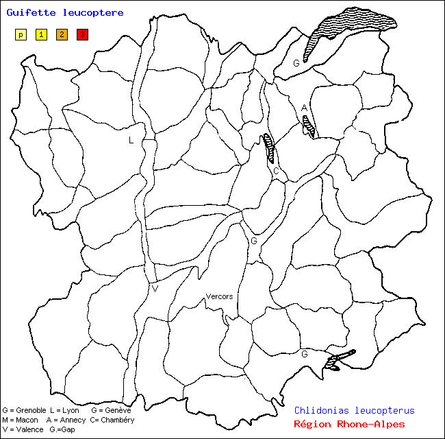 Carte des districts de Rhne-Alpes et rpartition d'une espce d'oiseau: Guifette leucoptre (Chlidonias leucopterus)