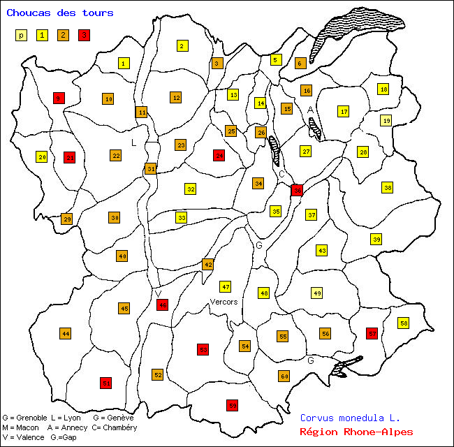 Choucas des tours - Corvus monedula L.. Carte de rpartition des oiseaux en rgion Rhne-Alpes