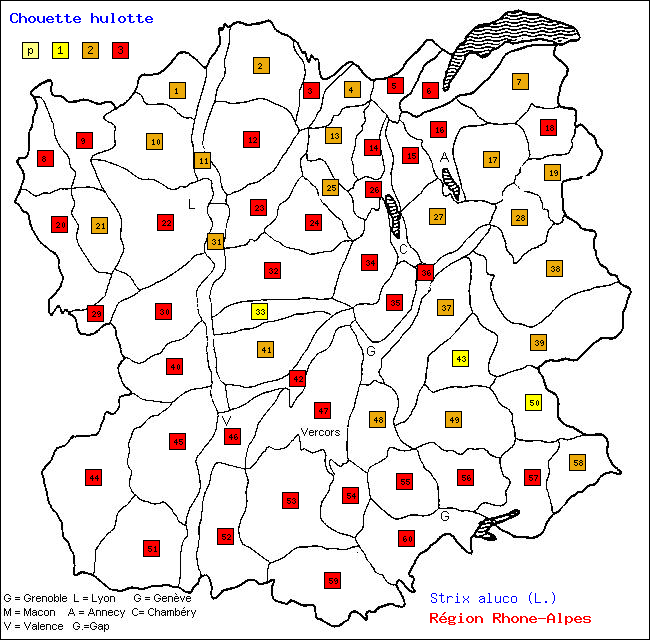 Chouette hulotte - Strix aluco (L.). Carte de rpartition des oiseaux en rgion Rhne-Alpes