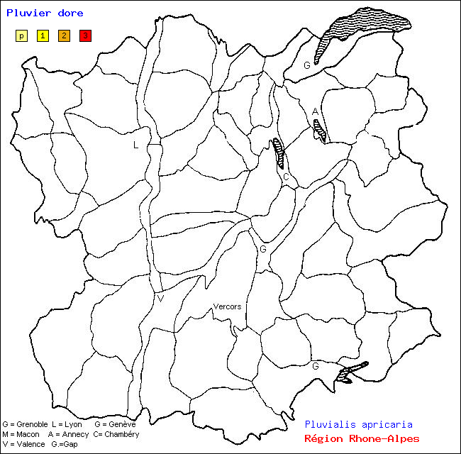 Carte des districts de Rhne-Alpes et rpartition d'une espce d'oiseau: Pluvier dor (Pluvialis apricaria)