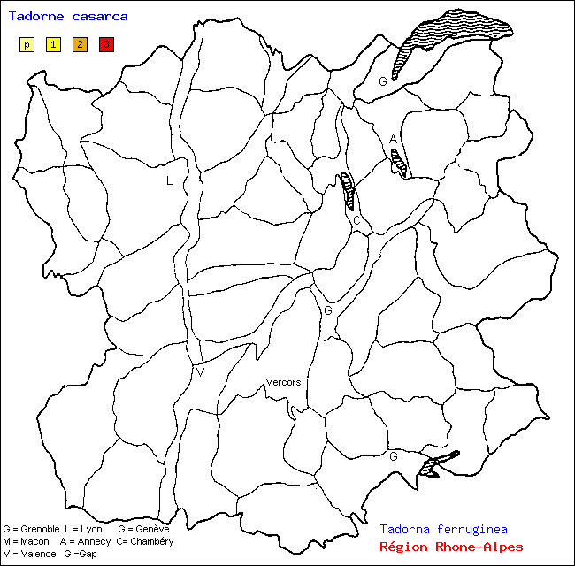 Carte des districts de Rhône-Alpes et répartition d'une espèce d'oiseau: Tadorne casarca (Tadorna ferruginea)