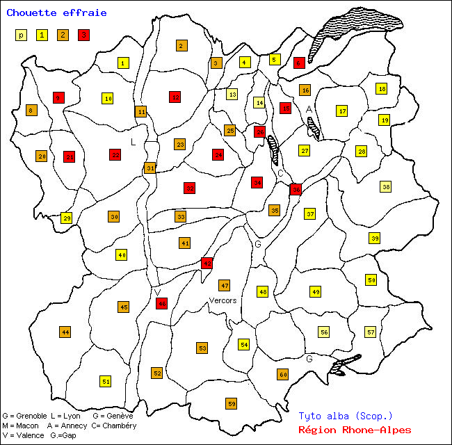 Chouette effraie - Tyto alba (Scop.). Carte de rpartition des oiseaux en rgion Rhne-Alpes