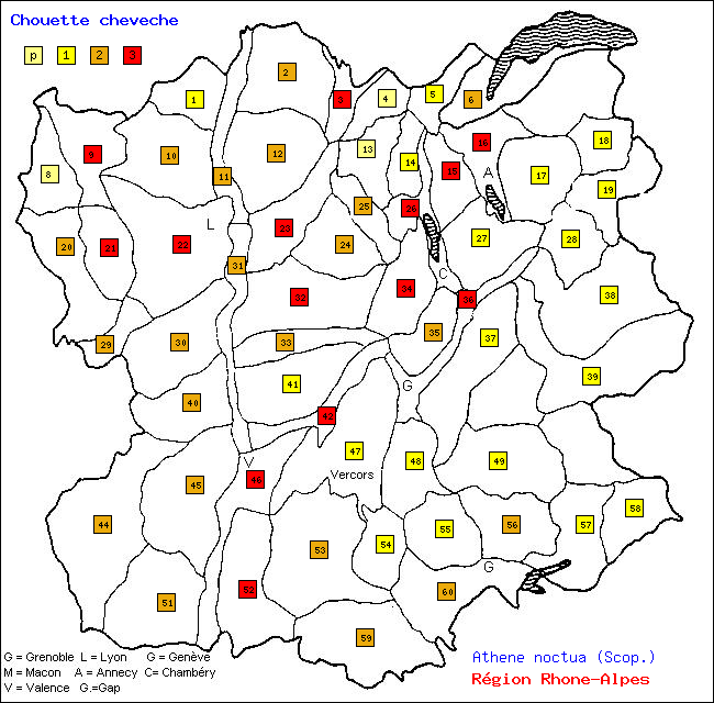 Carte des districts de Rhne-Alpes et rpartition d'une espce d'oiseau: Chouette chevche (Athene noctua (Scop.))