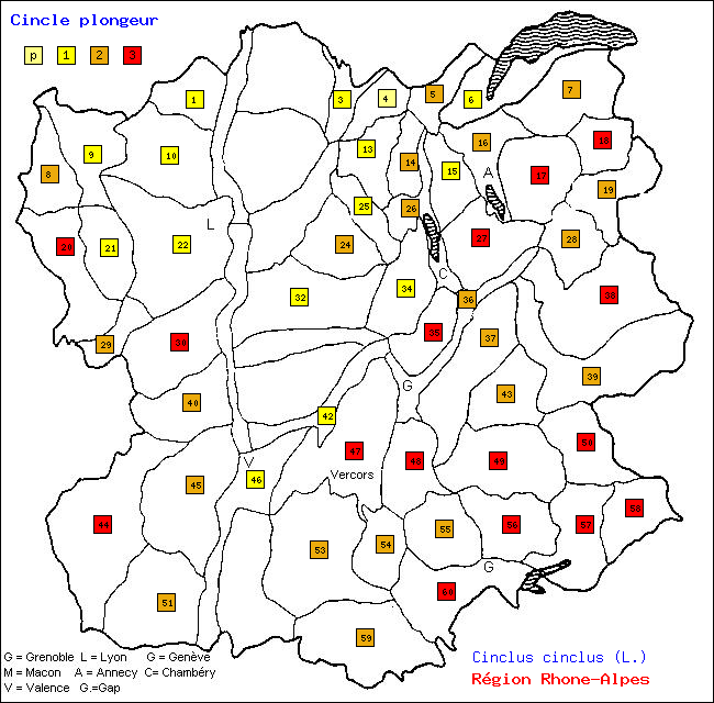 Cincle plongeur - Cinclus cinclus (L.). Carte de rpartition des oiseaux en rgion Rhne-Alpes