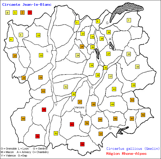 Carte des districts de Rhne-Alpes et rpartition d'une espce d'oiseau: Circate Jean-le-Blanc (Circaetus gallicus (Gmelin))