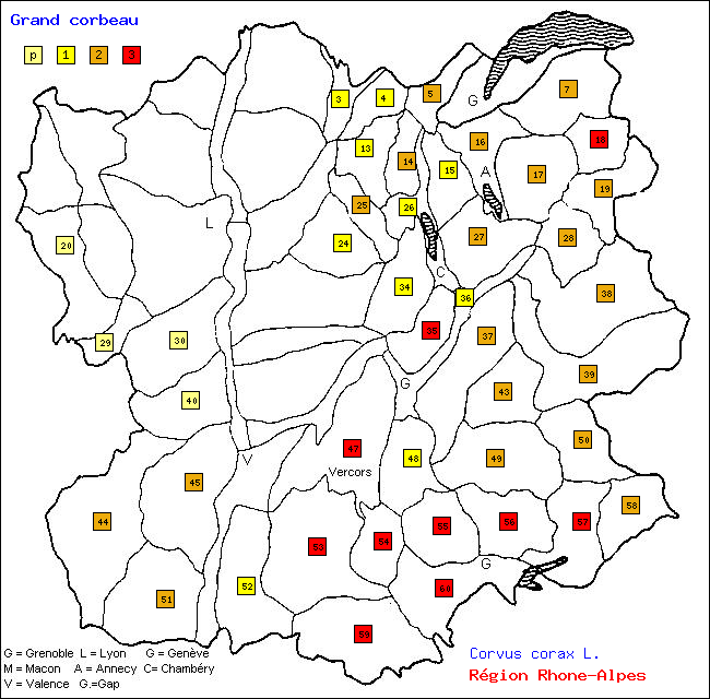 Carte des districts de Rhne-Alpes et rpartition d'une espce d'oiseau: Grand corbeau (Corvus corax L.)