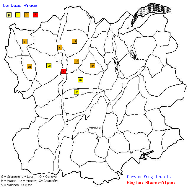 Carte des districts de Rhne-Alpes et rpartition d'une espce d'oiseau: Corbeau freux (Corvus frugileus L.)