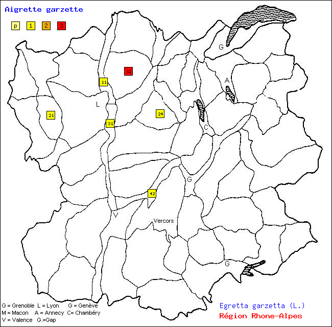 Carte des districts de Rhne-Alpes et rpartition d'une espce d'oiseau: Aigrette garzette (Egretta garzetta (L.))