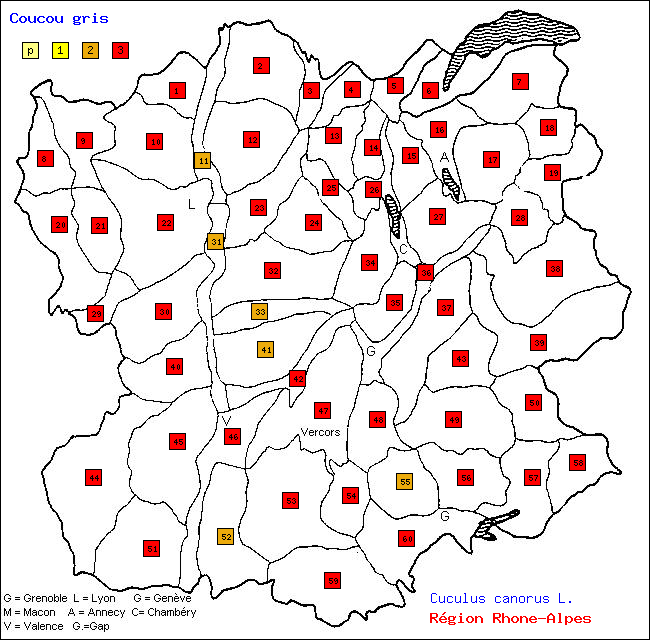 Coucou gris - Cuculus canorus L.. Carte de rpartition des oiseaux en rgion Rhne-Alpes