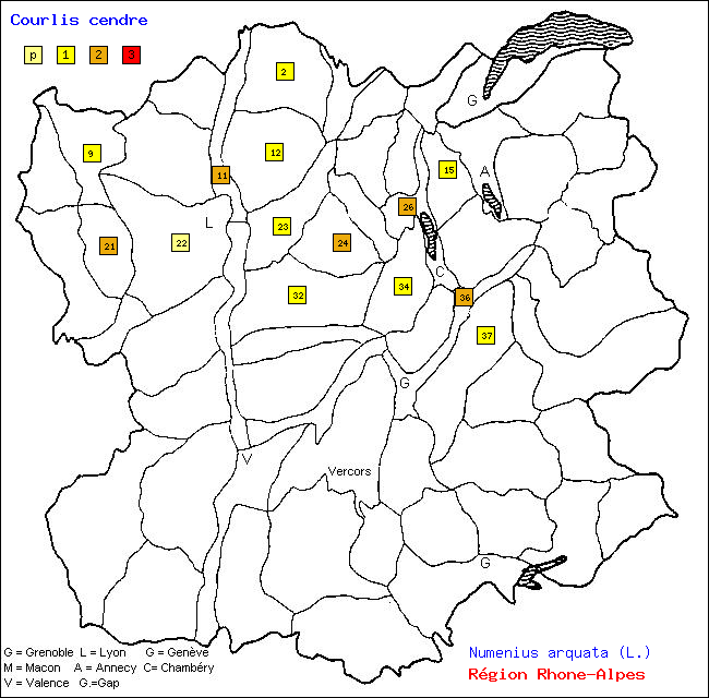 Carte des districts de Rhne-Alpes et rpartition d'une espce d'oiseau: Courlis cendr (Numenius arquata (L.))